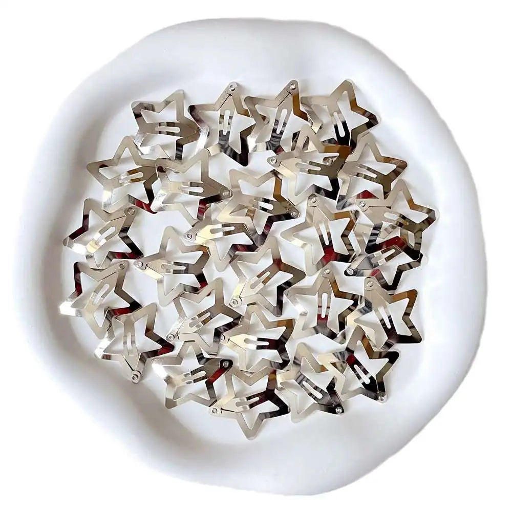 2/50PCS Y2K Silver Star Hair Clips – Filigree Metal Snap Hairpins for Girls, Nickel-Free Hair Jewelry Barrettes