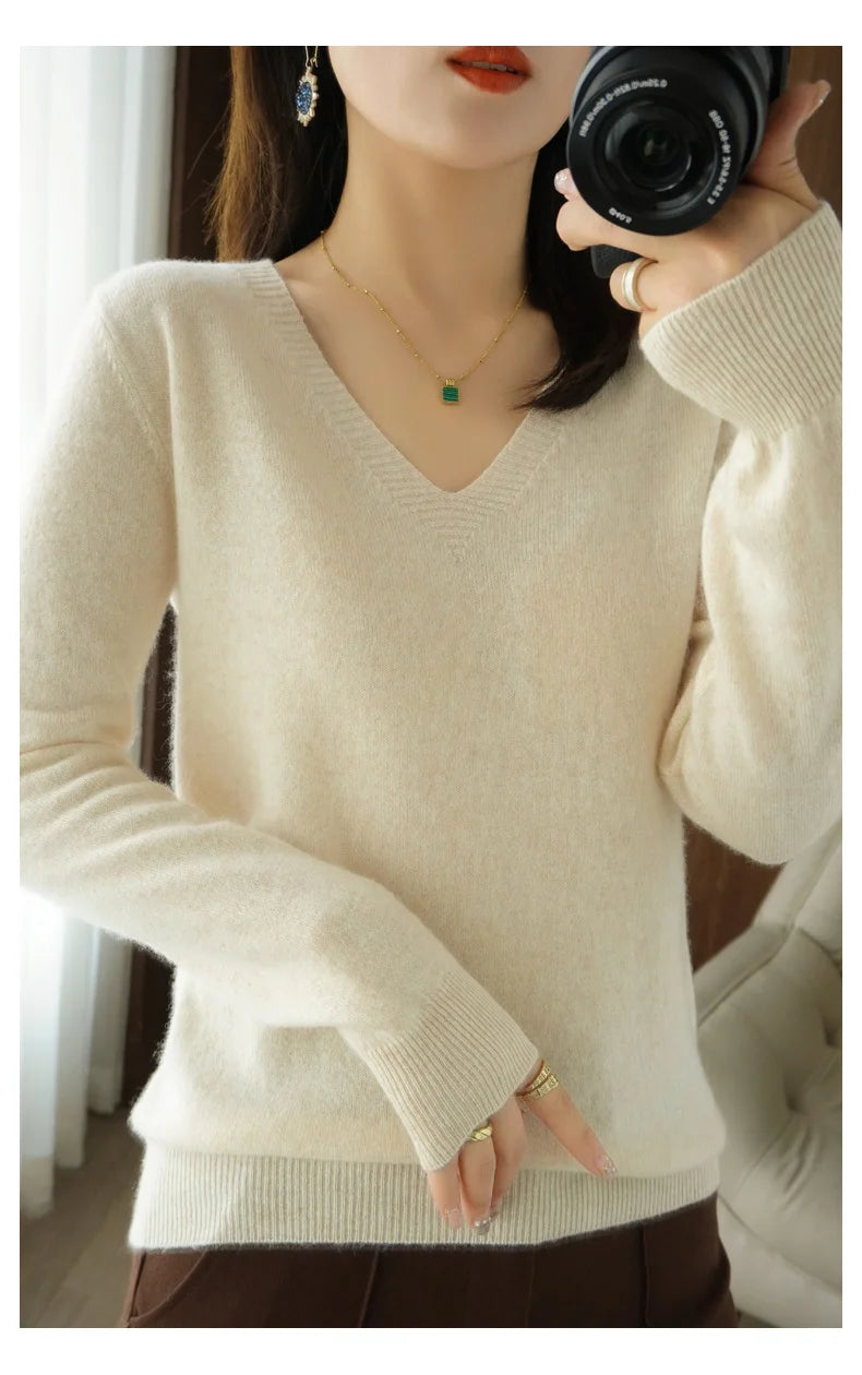 New Women’s Cashmere V-Neck Pullover – Lace Hollow Out Long Sleeve Knitted Sweater for Fall & Winter