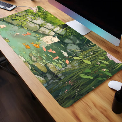 Cute Cartoon Cat Fish Mouse Pad – Large Green Anti-Slip Rubber Desk Mat, Perfect Gift for Women & Girlfriend