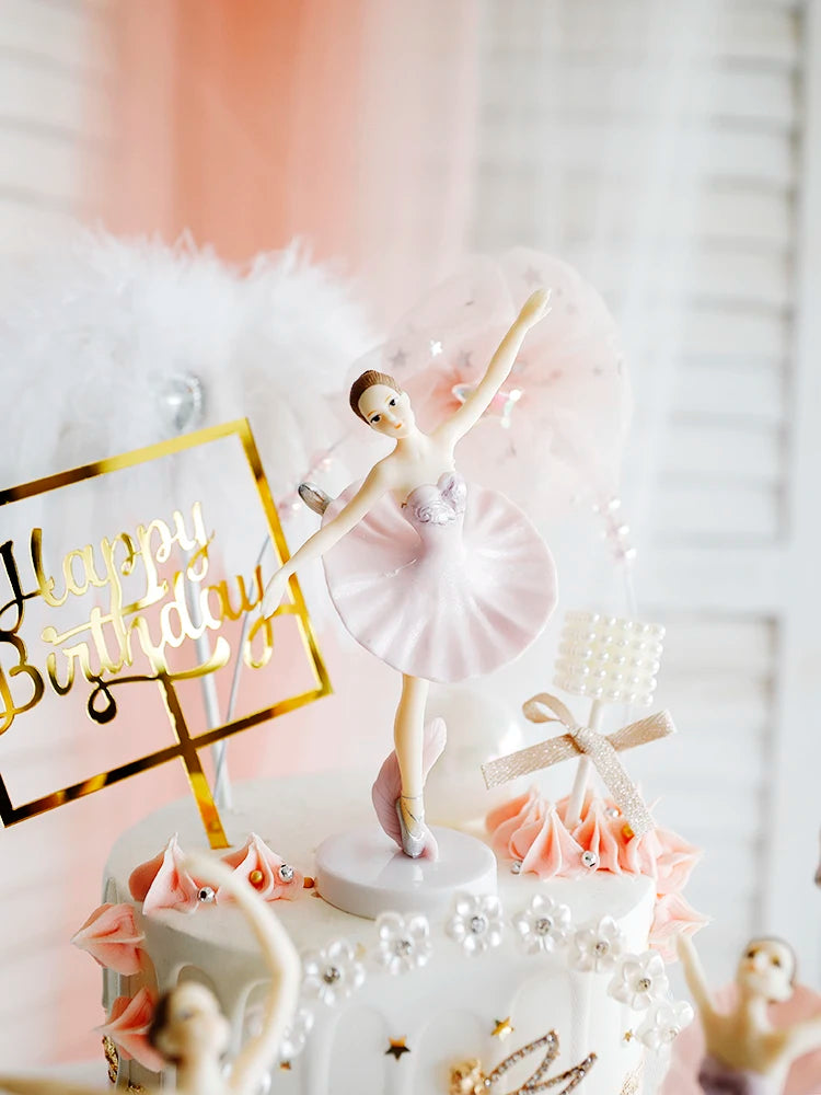 Ballerina Girl Cake Decoration - Pink White Hairball Balloon Cake Toppers for Wedding Birthday Party Decor - Kids' Favor for Baking