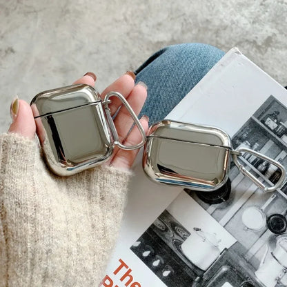 Electroplated Silver AirPods Protective Case - Mirror Finish Cover with Hook for AirPods 1/2/3/4 & Pro 2/3