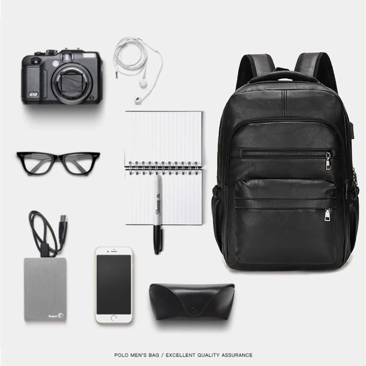 High-Quality USB Charging Backpack for Men – PU Leather Laptop Backpack for Teenagers & Boys, Large Schoolbag