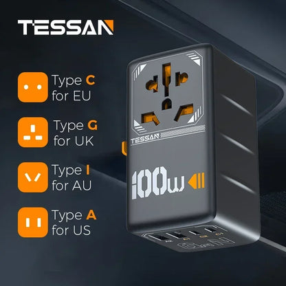 TESSAN 65W GaN International Travel Adapter – USB Type-C Universal Power Adapter with EU/UK/USA/AUS Plugs