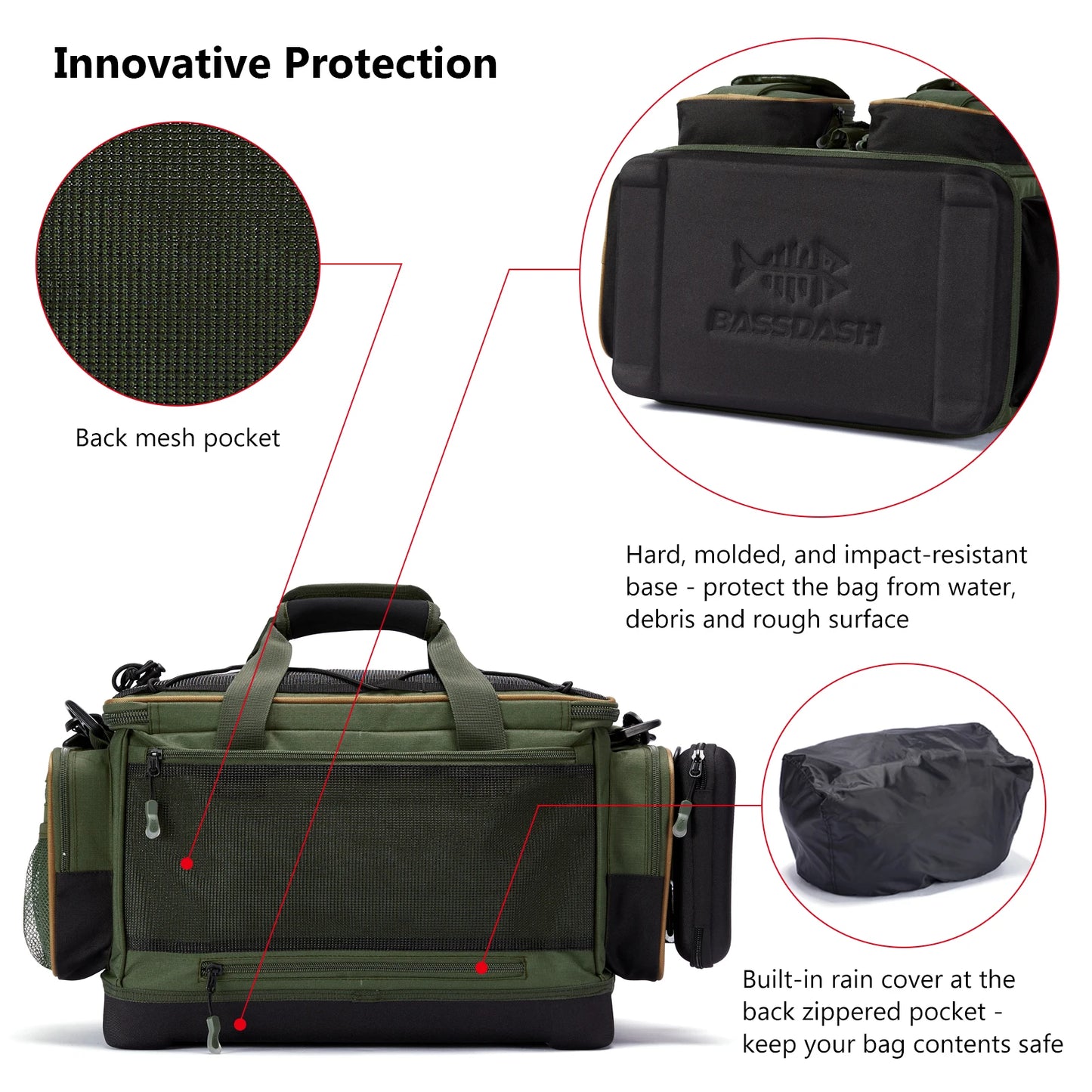BASSDASH Fishing Tackle Shoulder Bag – Water-Resistant, Lightweight Gear Storage Pack with Hard Molded Bottom and Rain Cover