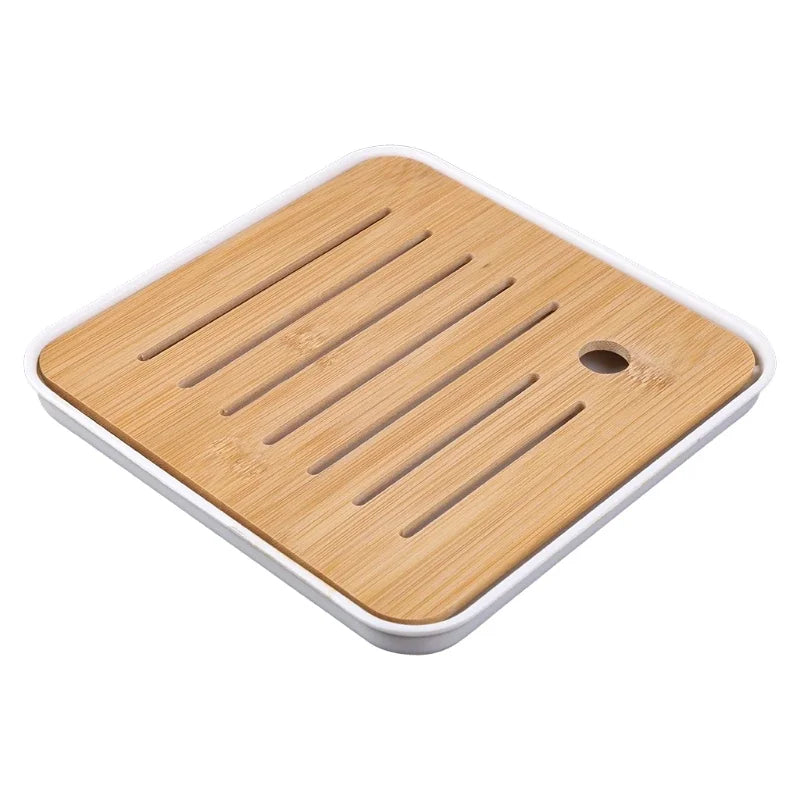 Bamboo Chinese Gongfu Tea Tray – Wood & Marble Serving Tray with Water Storage and Drainage Box