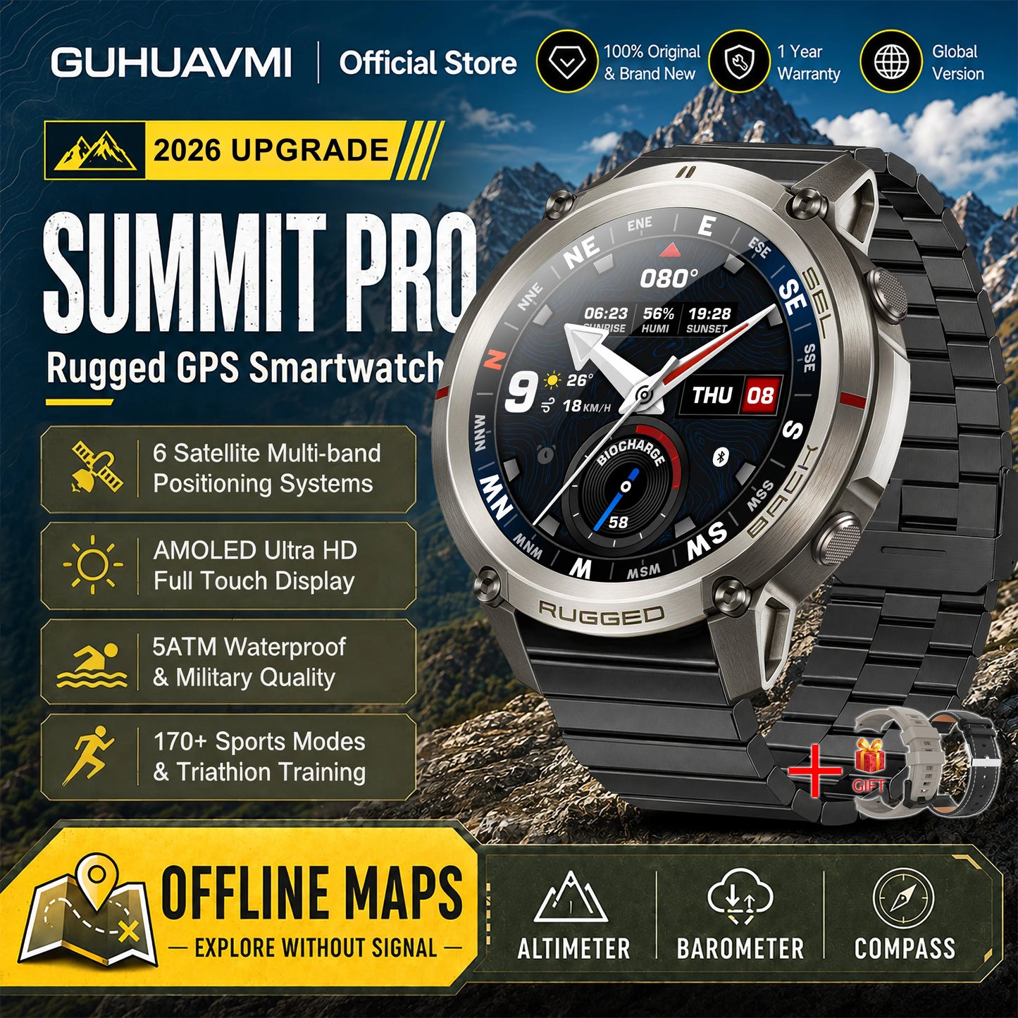 Military GPS Smartwatch for Men - 1.43" AMOLED Display, Bluetooth Calls, Compass, 5ATM Waterproof & 170+ Sports Modes