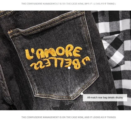 Luxury Korean Streetwear Slim Fit Denim Jeans – Punk Style with 3D Embroidery for Spring & Autumn