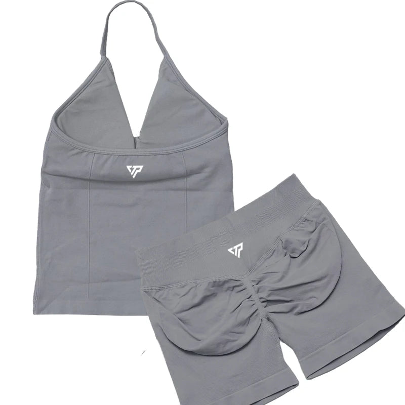 Women’s 2-Piece Yoga Set – Seamless Gym Outfit with Shorts & Lace-Up Sports Bra, High Quality Fitness Activewear Set