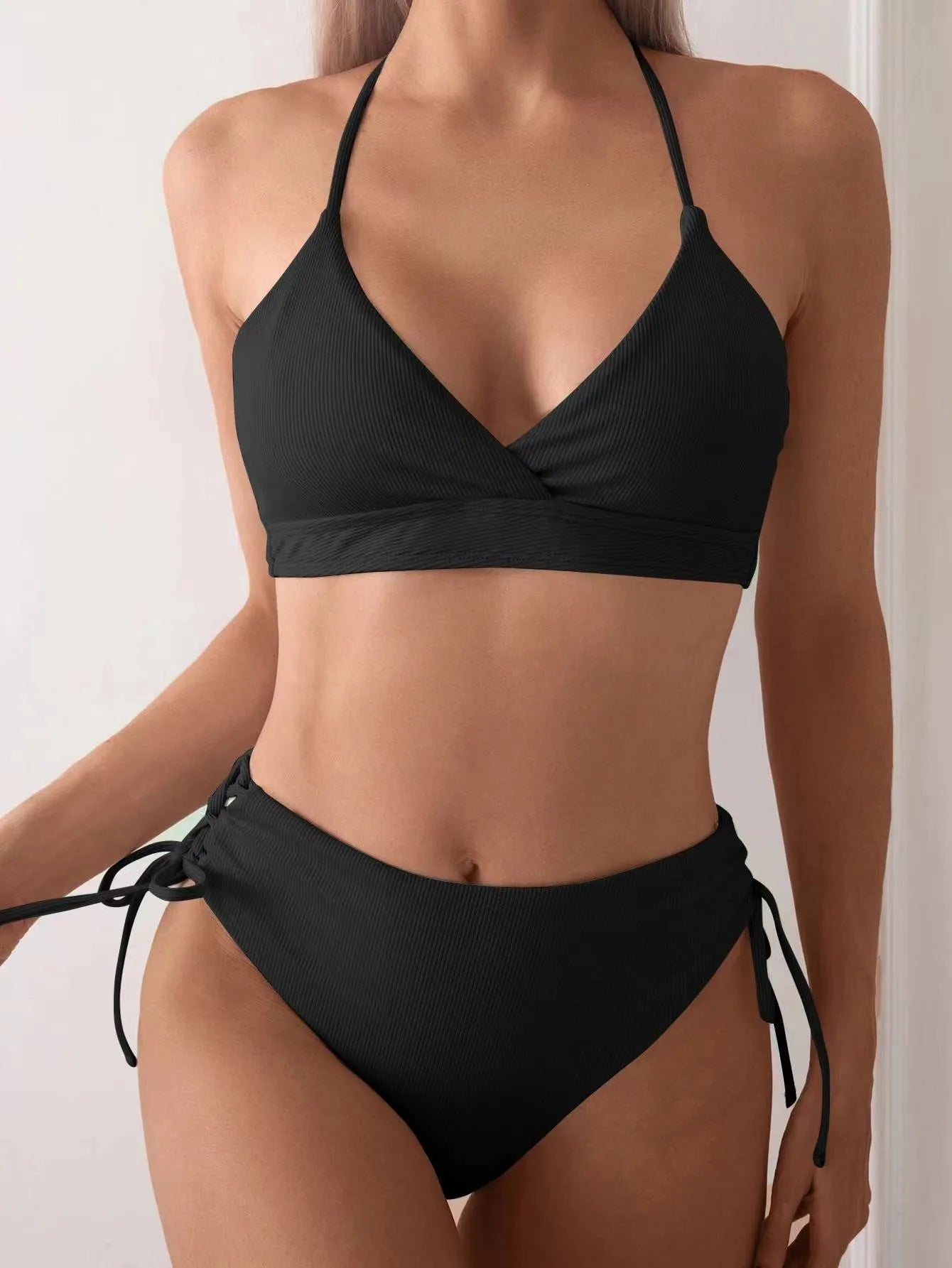 Cikini V-Neck Split Bikini Set – Sexy Lace-Up Triangular Solid Color Swimwear for Women
