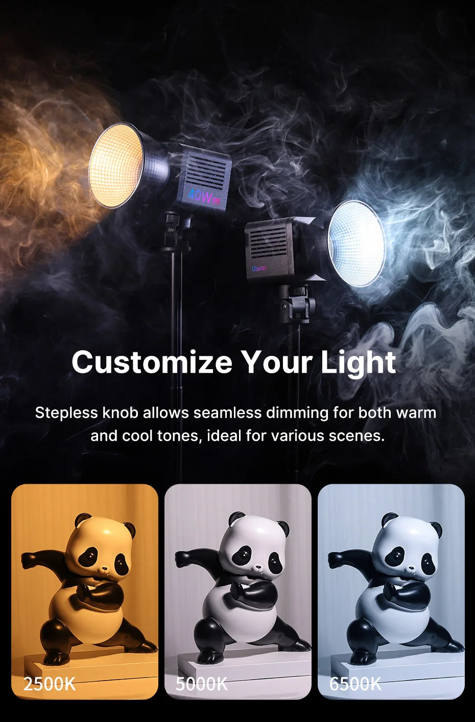 Ulanzi L024 40W RGB Video Light – 2500-6500K Bi-Color, 0-359° RGB COB Light with Mini Bowens Mount & 3400mAh Fill Light