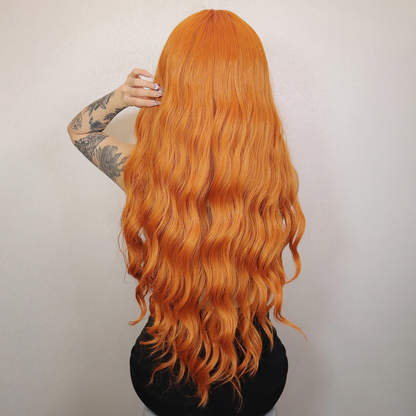 Long Orange Water Wave Wig for Women — Synthetic Wavy Hair with Bangs, Heat-Resistant for Cosplay & Party