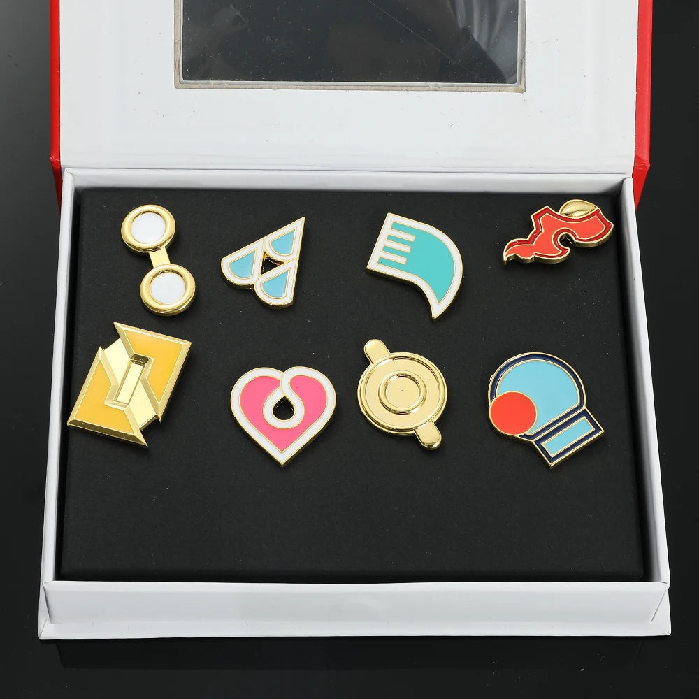 Pokemon Gym Badges Pin Set — Kanto, Johto, Hoenn, Sinnoh, Unova, Kalos & Orange Islands League Brooches with Box, Pocket Monster Collection