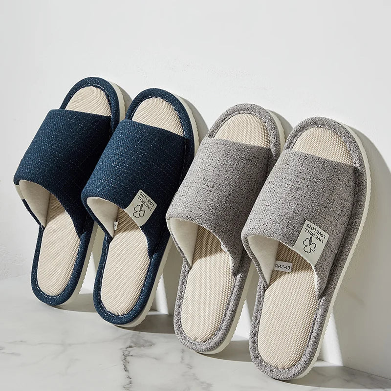 Home Linen Slippers for Men & Women – Breathable Open-Toe Comfort House Shoes for Spring, Autumn & Summer Bedroom Indoor Wear