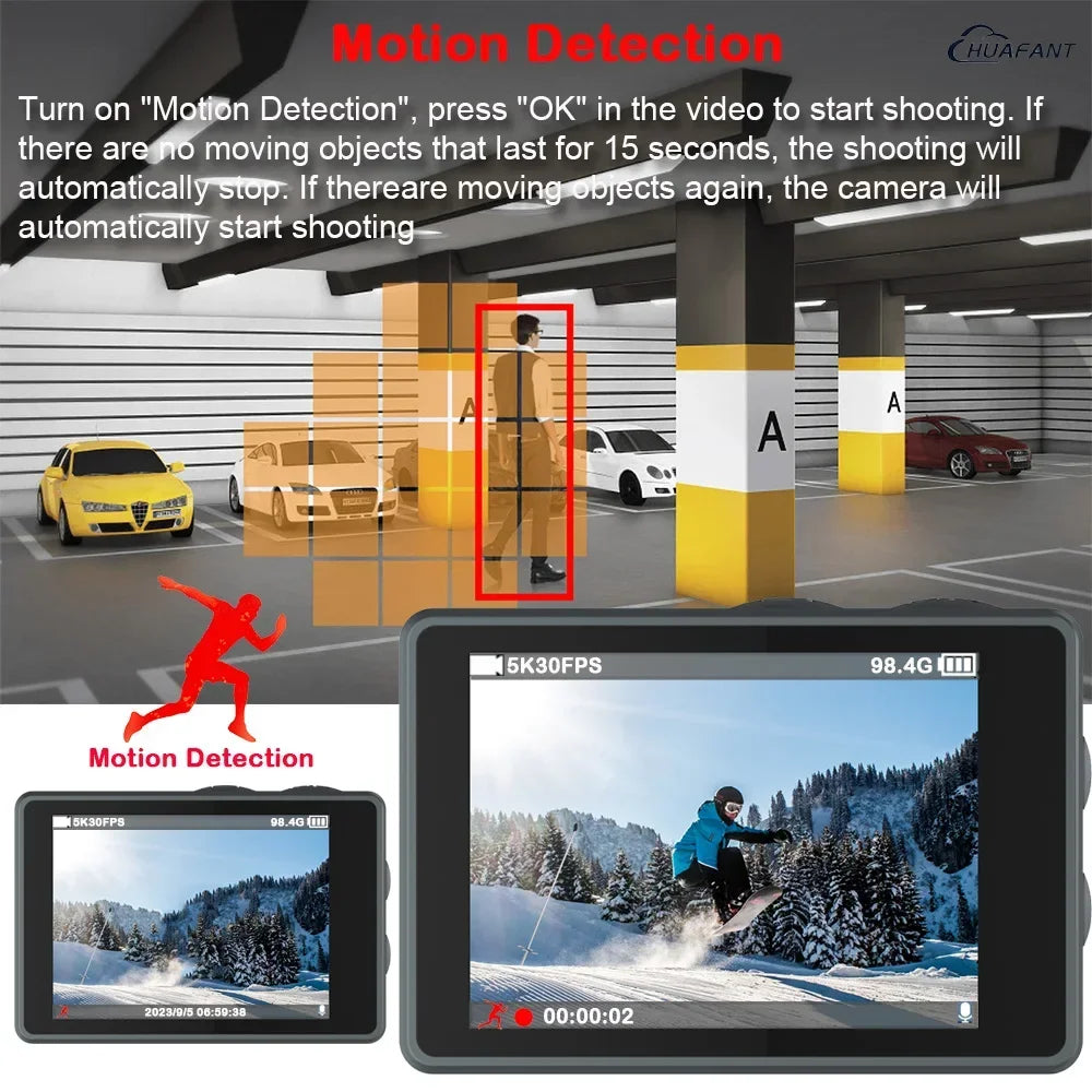 F6W Action Camera — 5K/4K60FPS, 48MP, 2.2" Touch LCD, EIS, Dual Screen, Wi-Fi, 170° Waterproof 30M, 8X Zoom Sports Camera with Wireless Mic