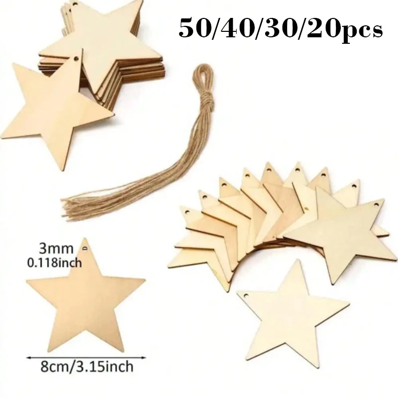 Unfinished Wooden Star Hanging Pendants (20/30/40/50pcs) – DIY Craft Wood Slices for Christmas Tree & Decoration Ornaments