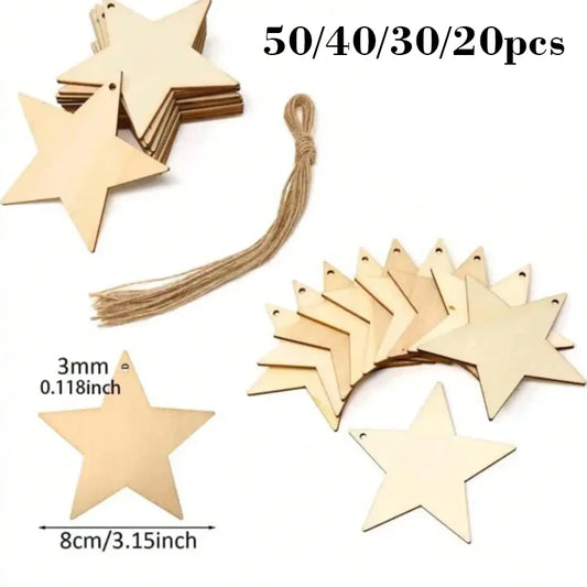 Unfinished Wooden Star Hanging Pendants (20/30/40/50pcs) – DIY Craft Wood Slices for Christmas Tree & Decoration Ornaments