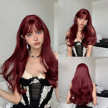 Copper Ginger Red Brown Synthetic Wig – Long Fluffy Wavy Wig with Bangs, Heat-Resistant Cosplay & Daily Wear Hair for Women