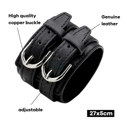 Men’s Genuine Leather Bracelet - Wide Adjustable Vintage Punk Friendship Jewelry with Buckle Closure