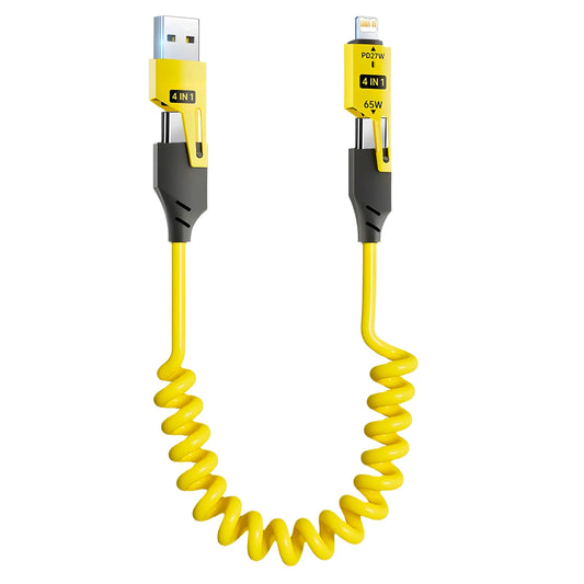 4-in-1 65W Spring Data Cable - 6A USB Type C Telescopic Quick Charger Wire for iPhone 15/14/13/12