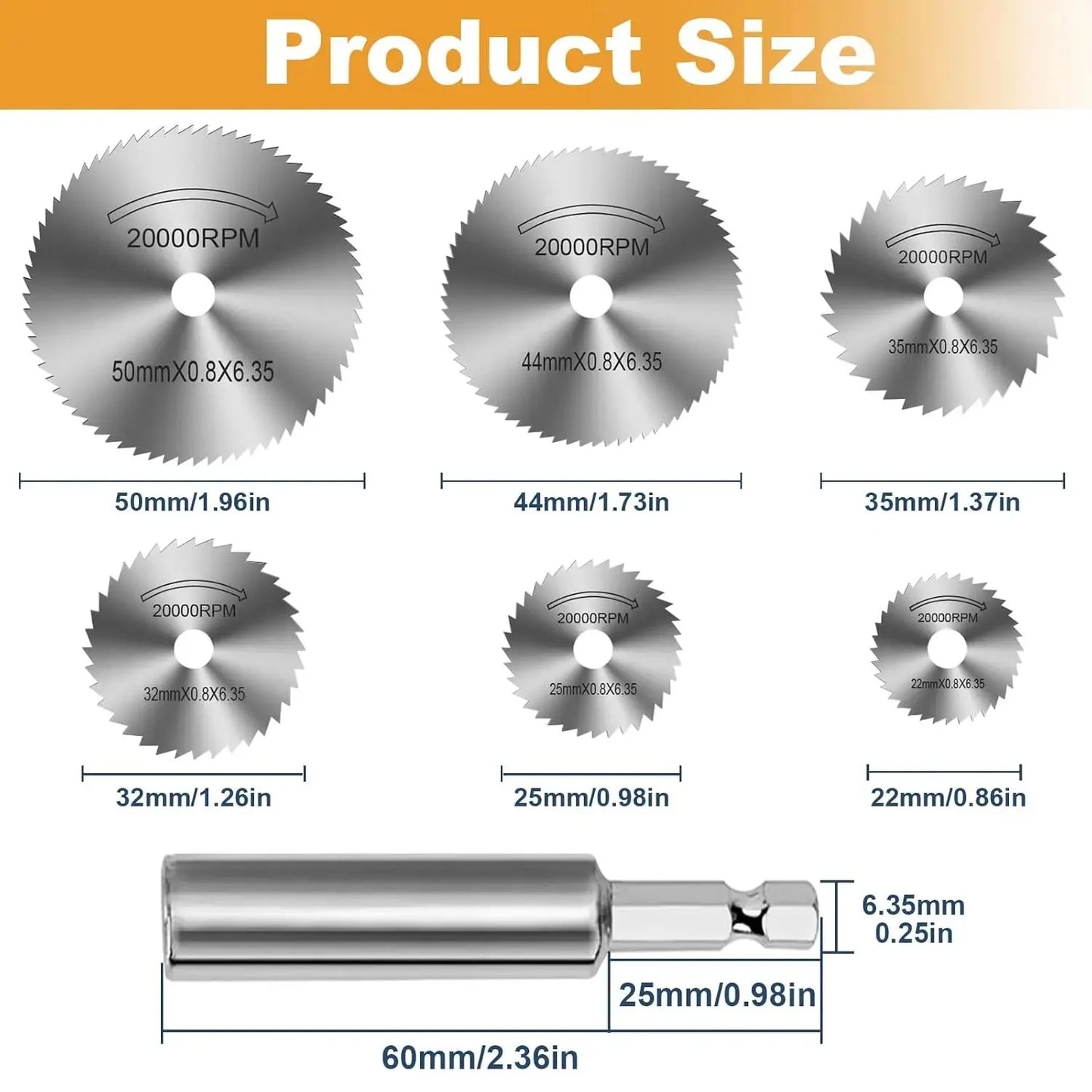 HSS Circular Saw Blade Set - 1/4 Inch Hex Shank Cutting Discs for Rotary Tools, Metal, Wood & Plastic