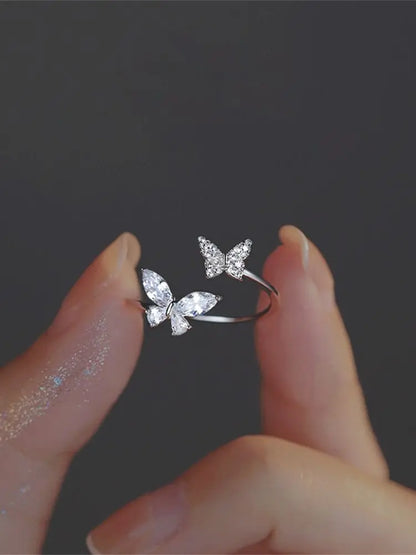 Acrylic Crystal Butterfly Ring - Adjustable Silver-Tone Zircon Fashion Ring for Women, K-Pop Party Jewelry