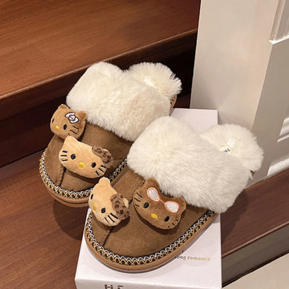 Sanrio Hello Kitty Winter Plush Slippers – Cute Fuzzy Warm Kawaii Women’s Home Shoes, Y2K Style, Non-Slip Outdoor Flats