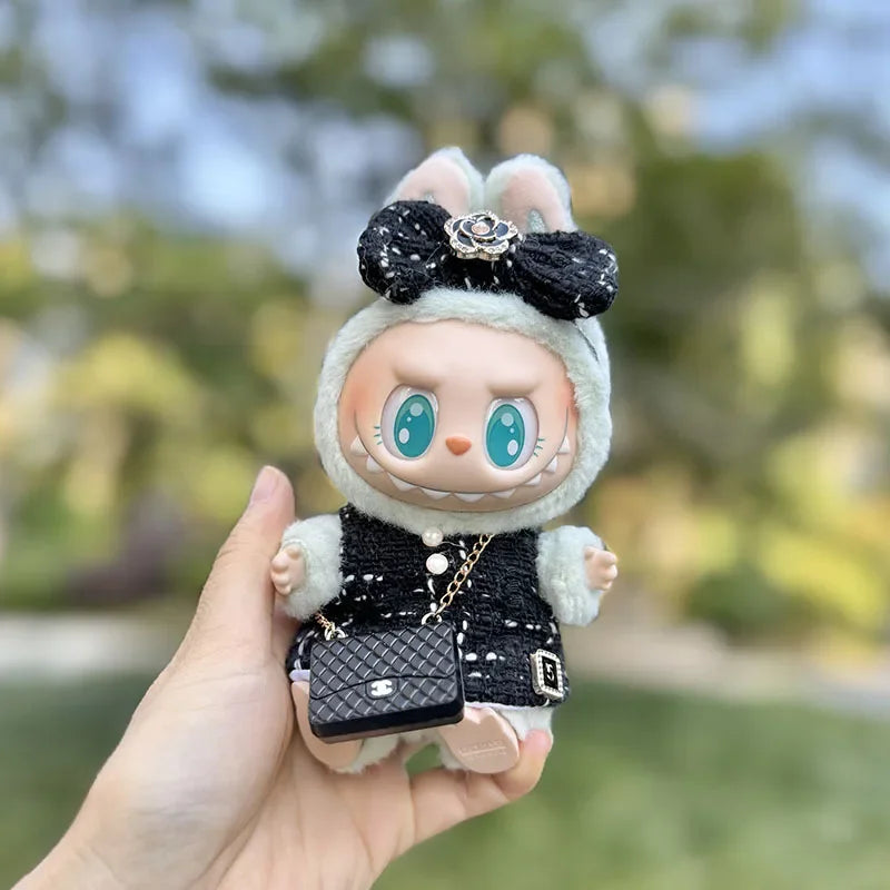 Cute 17cm Labubu Idol Doll Outfit – Camellia Dress, Bag & Shoes Set for Mini DIY Monster Sitting Party Collection