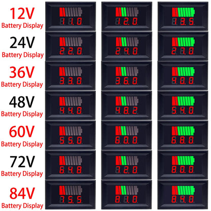 Car Battery Charge Level Indicator - 12V 24V 36V 48V 60V 72V Lithium Battery Capacity Meter, LED Tester and Voltmeter