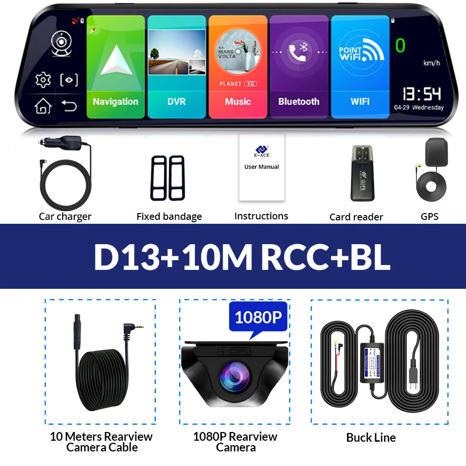 E-ACE 10'' 4G Android Dash Cam – FHD 1080P Dual Lens Rearview Mirror DVR with ADAS & Streaming