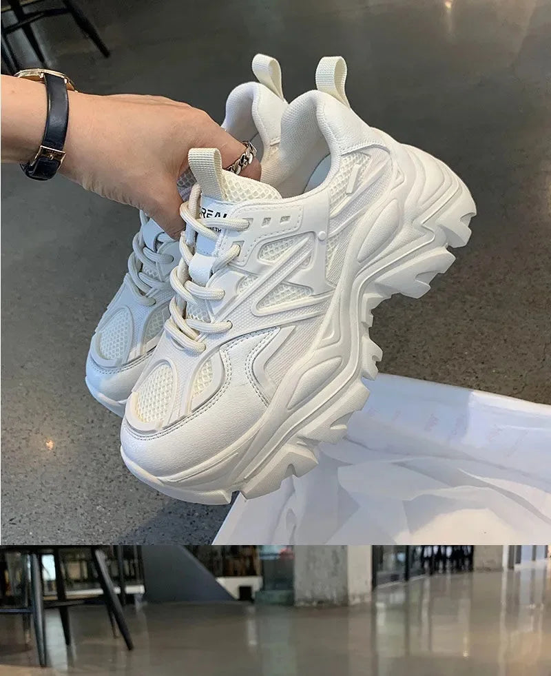 2024 Women's Fashion Platform Sport Shoes - Chunky Black Mesh Leather Casual Sneakers for Summer