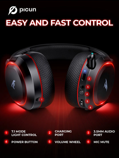 Picun G2 Wireless Gaming Headset – 2.4G & Bluetooth, 5ms Low Latency, 7.1 Surround Sound, ENC Mic for PC, PS4, PS5, Switch & Phone