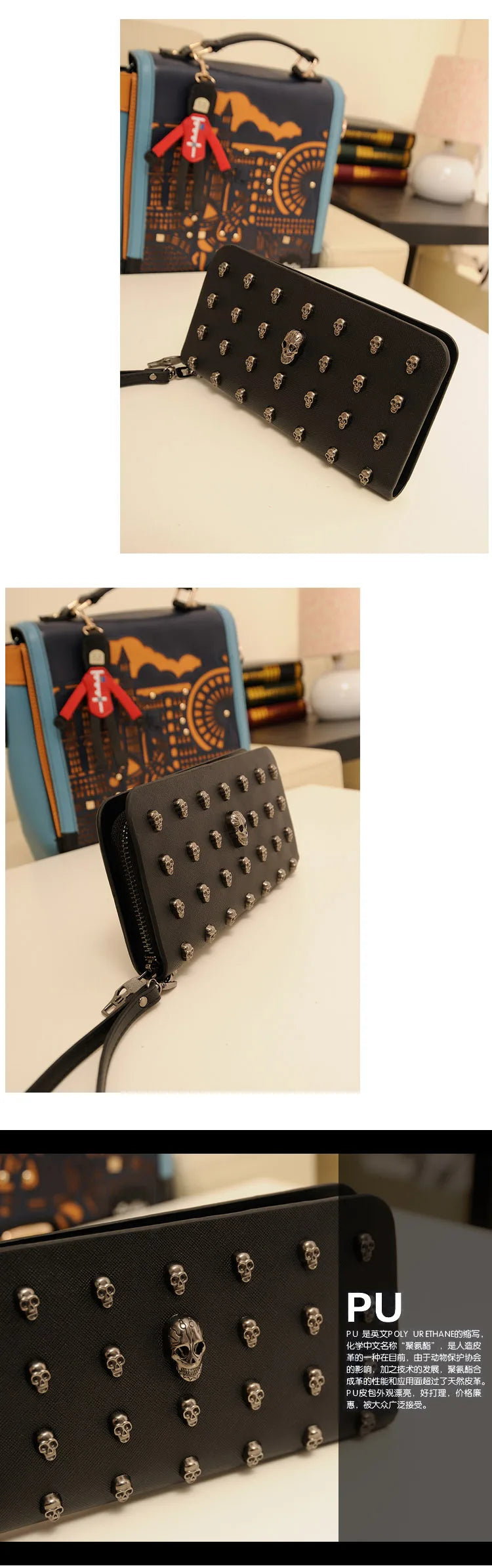 Women's Gothic Skull Head Long Wallet – Black Handheld Mobile Wallet with Wrist Strap & Card Clip