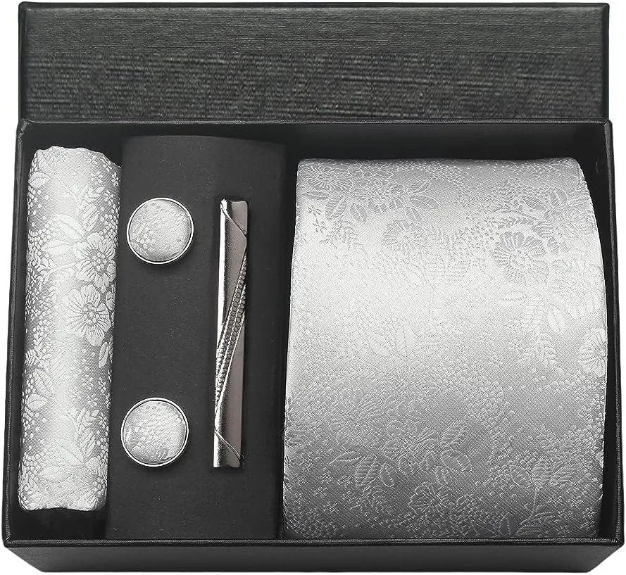 100% Silk Men’s Necktie Set with Paisley Floral Design, Business Tie with Pocket Square, Tie Clip & Cufflinks Gift Box Set for Men