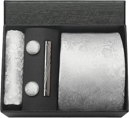 100% Silk Men’s Necktie Set with Paisley Floral Design, Business Tie with Pocket Square, Tie Clip & Cufflinks Gift Box Set for Men