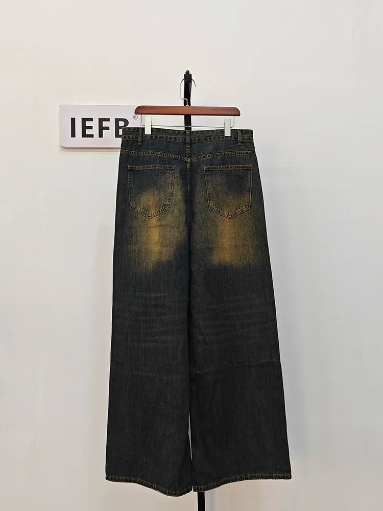 IEFB Men’s Summer Denim Jeans – Washed Blue Straight Loose Wide-Leg Casual Pants