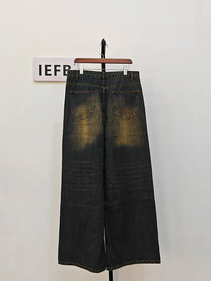 IEFB Men’s Summer Denim Jeans – Washed Blue Straight Loose Wide-Leg Casual Pants