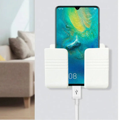 3pcs Wall Mount Phone Holder: White Punch-Free Charging Stand - Lazy Sticky Remote Control Storage Box for Mobile Phones