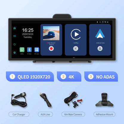 Imagebon 11.4″ H70 Pro 4K QLED Dash Cam - Wireless CarPlay & Android Auto, Dual Recording, Night Vision Car DVR