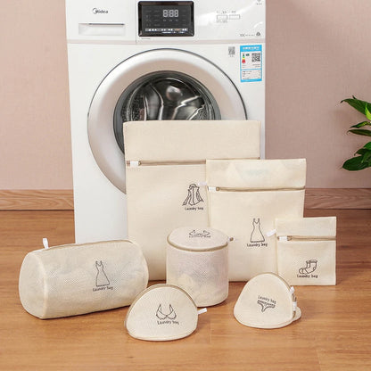 7Pcs Fine Mesh Laundry Bag Set – Embroidery Print Washing Pouches for Clothes, Household Washing Machine Bags