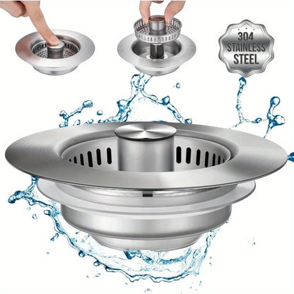 3-in-1 Stainless Steel Kitchen Sink Strainer - Pop-Up Drain Stopper with Anti-Clogging Basket & Odor Filter