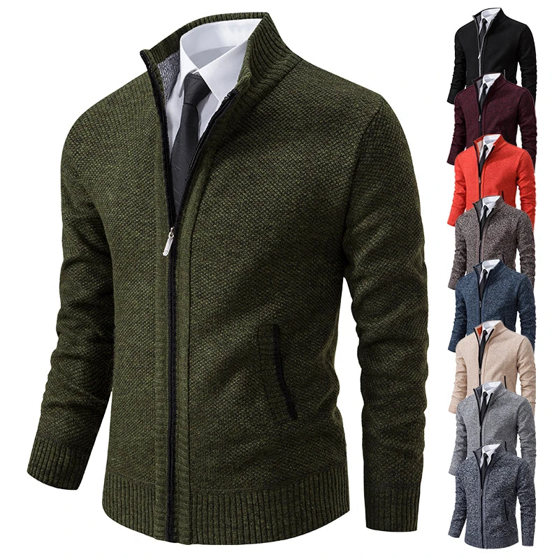 Men's Casual Sports Coat - Autumn and Winter Solid Color Stand Collar Fleece Sweater with Zipper Cardigan