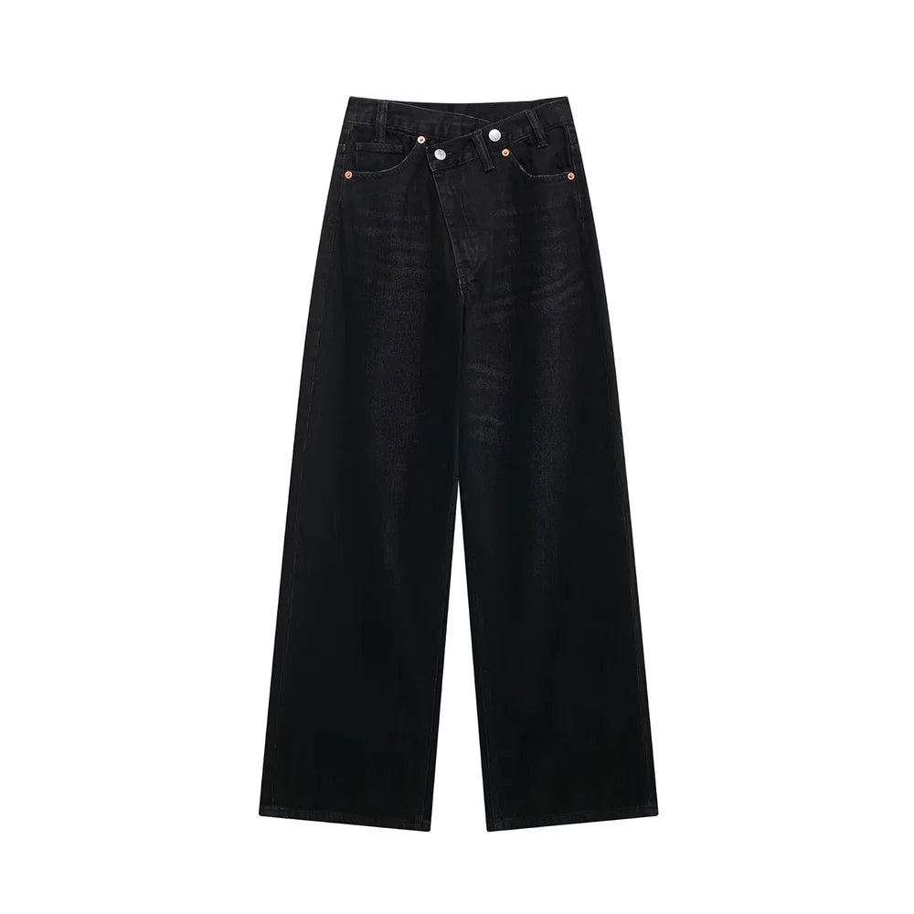 TRAF Women’s Basic Hundred Jeans — High Waist Asymmetric Wide-Leg Trousers, Casual Straight-Leg Fashion Jeans