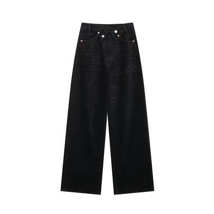 TRAF Women’s Basic Hundred Jeans — High Waist Asymmetric Wide-Leg Trousers, Casual Straight-Leg Fashion Jeans