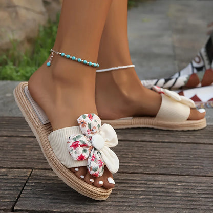Women’s Flower Decor Flat Flip Flops – Casual Open Toe Comfort Slides, Summer Beach Slippers Shoes