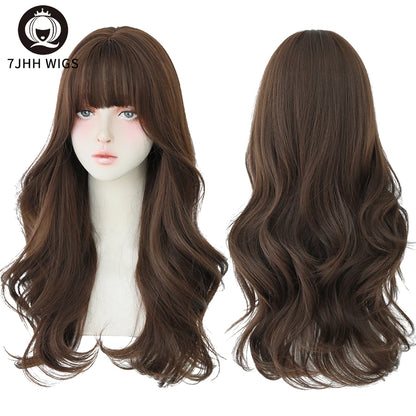 7JHH Brown Ash Long Deep Wave Lolita Wig for Women — Synthetic Hair with Bangs, Thick Curly Fashion Wig