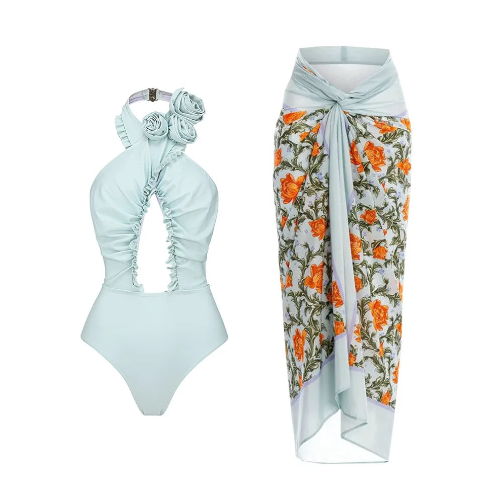 Blue One-Shoulder Ruffle Floral Monokini Swimsuit with Cover Up Sexy One Piece Beach Swimwear for Women Summer