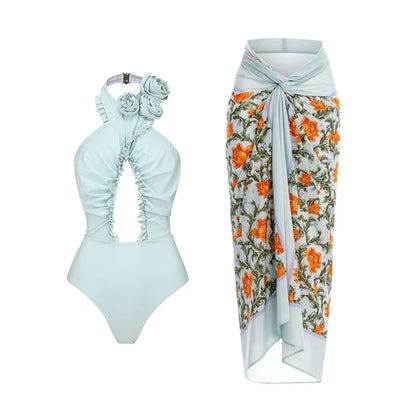 Blue One-Shoulder Ruffle Floral Monokini Swimsuit with Cover Up Sexy One Piece Beach Swimwear for Women Summer