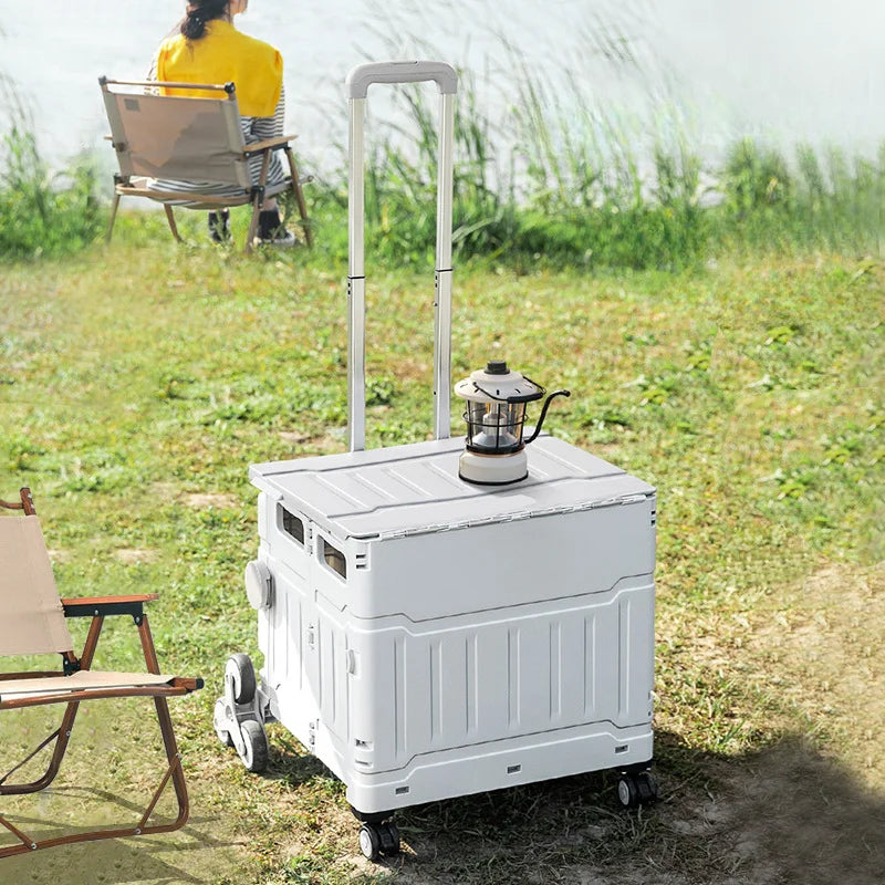 Portable Camping Trolley Storage Box - Folding Outdoor Organizer with Adjustable Handle for Picnics & Travel