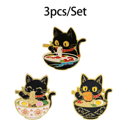 2/3-Piece Cute Black Cat Enamel Pin Set - Noodle Cartoon Badges for Backpacks, Hats, Collars, and Gifts