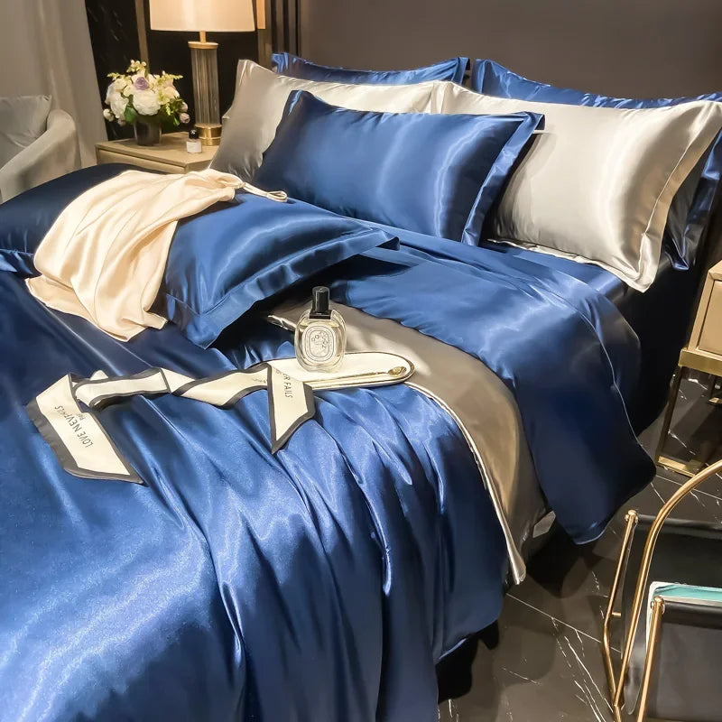 Solid Silk Bedding Set - Luxury Duvet Cover Bed Sheet Pillowcase Set For King Single Double Couple Beds
